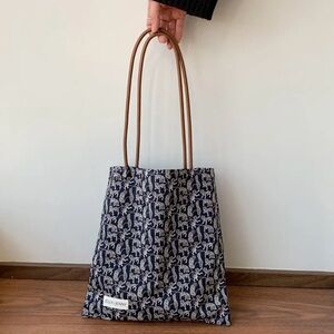 Navy Leopard Print Tote Bag with Brown Handles